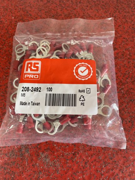 208-2492 - RS PRO Insulated Ring Terminal, M8 Stud Size, 0.5mm² to 1.5mm² Wire Size, Red